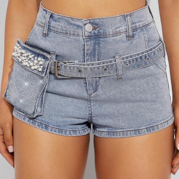 Haute Embellished Pocket Belted Denim Shorts - Picture 2 of 4